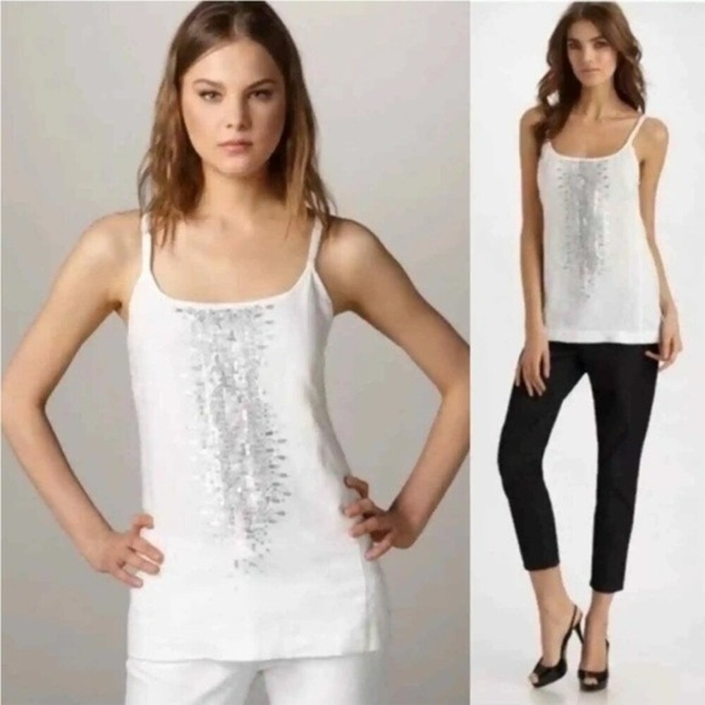 Eileen Fisher Organic Linen Sequin Scoop Neck Cami Tank Top Size PS